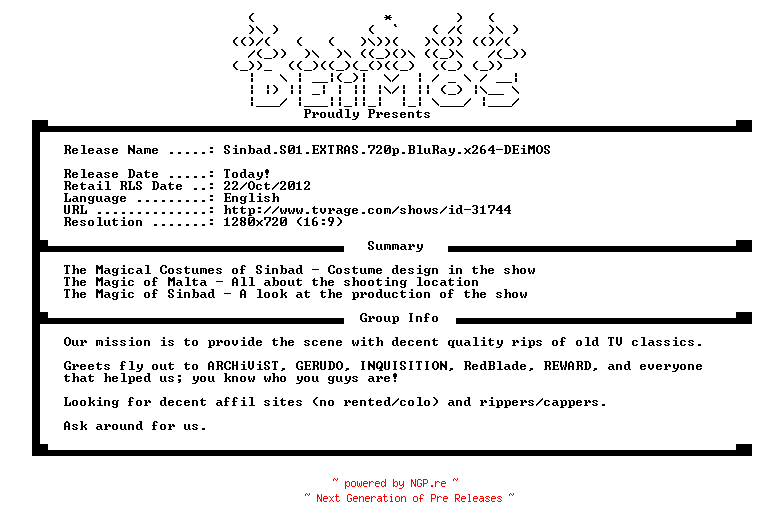 NFO for the release Sinbad.S01.EXTRAS.720p.BluRay.x264-DEiMOS by DEiMOS