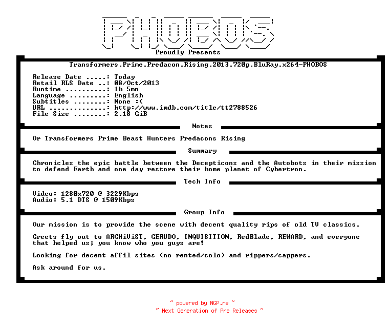 NFO for the release Transformers.Prime.Predacon.Rising.2013.720p.BluRay.x264-PHOBOS by PHOBOS
