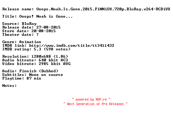 NFO for the release Ooops.Noah.Is.Gone.2015.FiNNiSH.720p.BluRay.x264-RCDiVX by RCDiVX