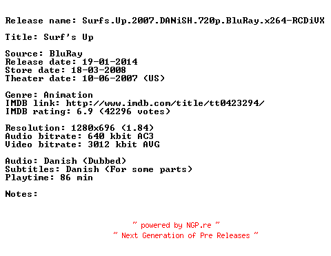 NFO for the release Surfs.Up.2007.DANiSH.720p.BluRay.x264-RCDiVX by RCDiVX