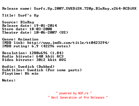 NFO for the release Surfs.Up.2007.SWEDiSH.720p.BluRay.x264-RCDiVX by RCDiVX