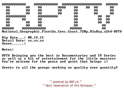 NFO for the release National.Geographic.Florida.Croc.Coast.720p.BluRay.x264-RPTV by RPTV