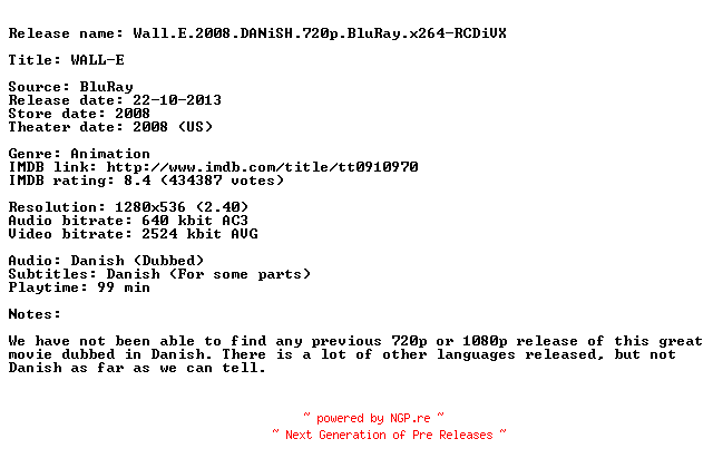 NFO for the release Wall.E.2008.DANiSH.720p.BluRay.x264-RCDiVX by RCDiVX