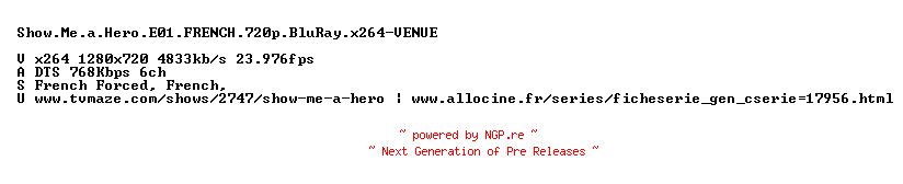 NFO for the release Show.Me.a.Hero.E01.FRENCH.720p.BluRay.x264-VENUE by VENUE