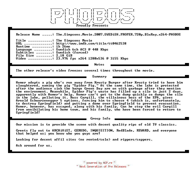 NFO for the release The.Simpsons.Movie.2007.SWEDiSH.PROPER.720p.BluRay.x264-PHOBOS by PHOBOS