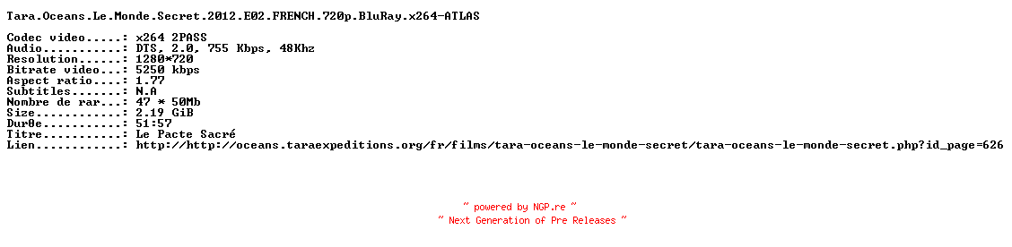NFO for the release Tara.Oceans.Le.Monde.Secret.2012.E02.FRENCH.720p.BluRay.x264-ATLAS by ATLAS
