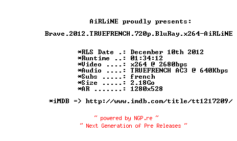 NFO for the release Brave.2012.TRUEFRENCH.720p.BluRay.x264-AiRLiNE by AiRLiNE