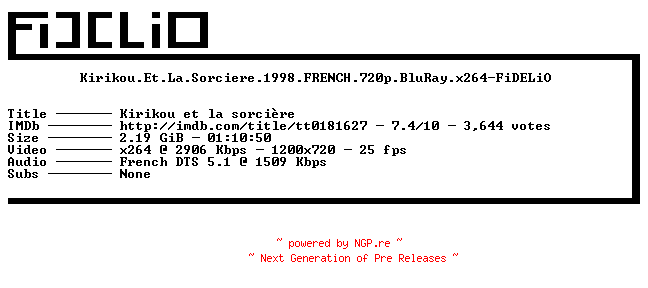 NFO for the release Kirikou.Et.La.Sorciere.1998.FRENCH.720p.BluRay.x264-FiDELiO by FiDELiO