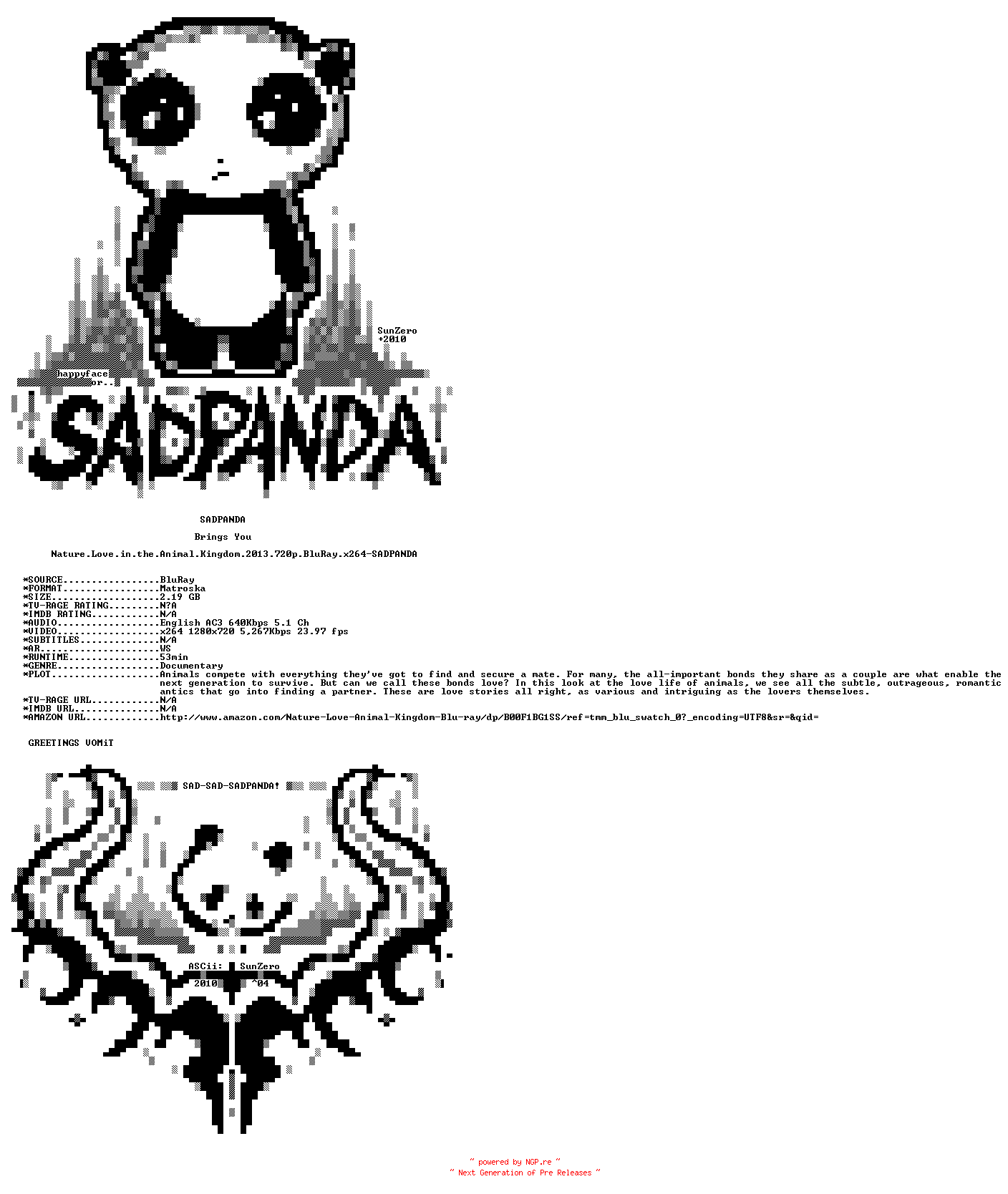 NFO for the release Nature.Love.in.the.Animal.Kingdom.2013.720p.BluRay.x264-SADPANDA by SADPANDA