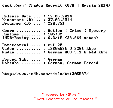 NFO for the release Jack.Ryan.Shadow.Recruit.German.720p.BluRay.x264-EXQUiSiTE by EXQUiSiTE