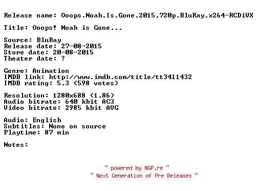 NFO for the release Ooops.Noah.Is.Gone.2015.720p.BluRay.x264-RCDiVX by RCDiVX