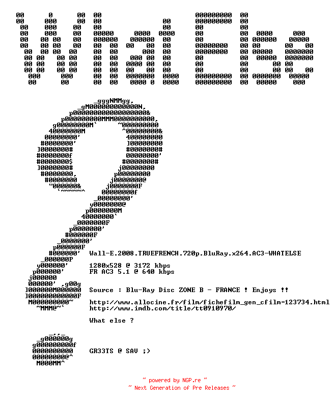 NFO for the release WALL-E.2008.TRUEFRENCH.720p.BluRay.x264.AC3-WHATELSE by WHATELSE
