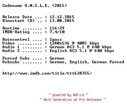 NFO for the release Codename.U.N.C.L.E.2015.German.DL.720p.BluRay.x264-EXQUiSiTE by EXQUiSiTE