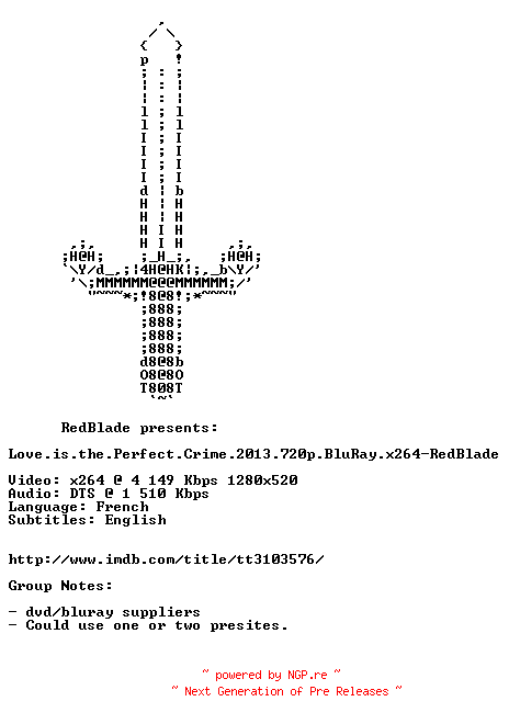 NFO for the release Love.is.the.Perfect.Crime.2013.720p.BluRay.x264-RedBlade by RedBlade
