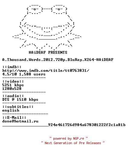 NFO for the release A.Thousand.Words.2012.720p.BluRay.X264-HAiDEAF by HAiDEAF