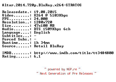 NFO for the release Altar.2014.720p.BluRay.x264-STRATOS by STRATOS