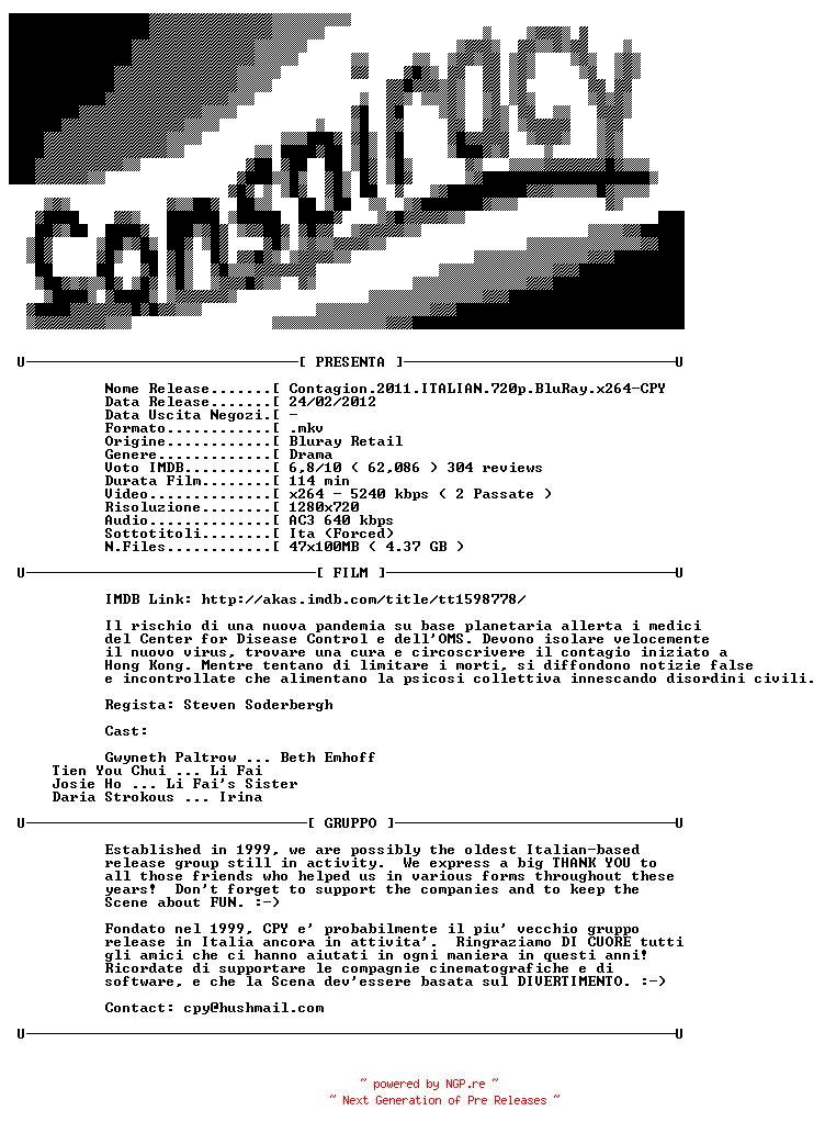 NFO for the release Contagion.2011.ITALIAN.720p.BluRay.x264-CPY by CPY