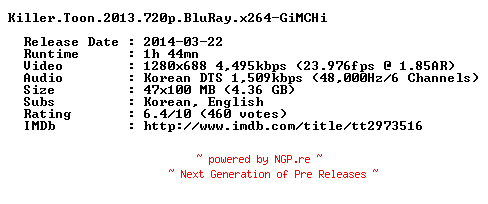 NFO for the release Killer.Toon.2013.720p.BluRay.x264-GiMCHi by GiMCHi