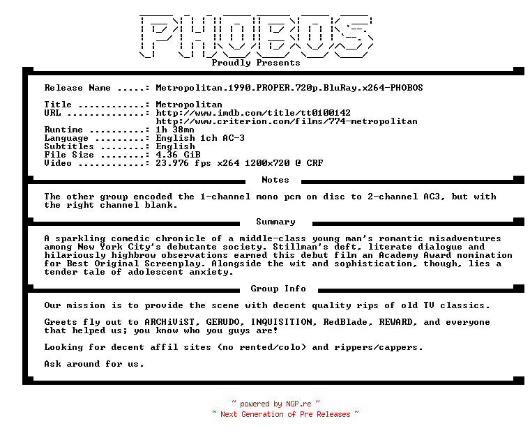 NFO for the release Metropolitan.1990.PROPER.720p.BluRay.x264-PHOBOS by PHOBOS