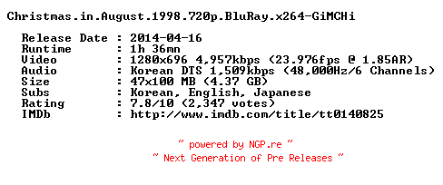 NFO for the release Christmas.in.August.1998.720p.BluRay.x264-GiMCHi by GiMCHi