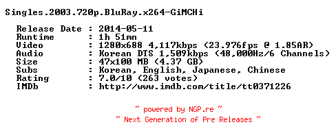 NFO for the release Singles.2003.720p.BluRay.x264-GiMCHi by GiMCHi