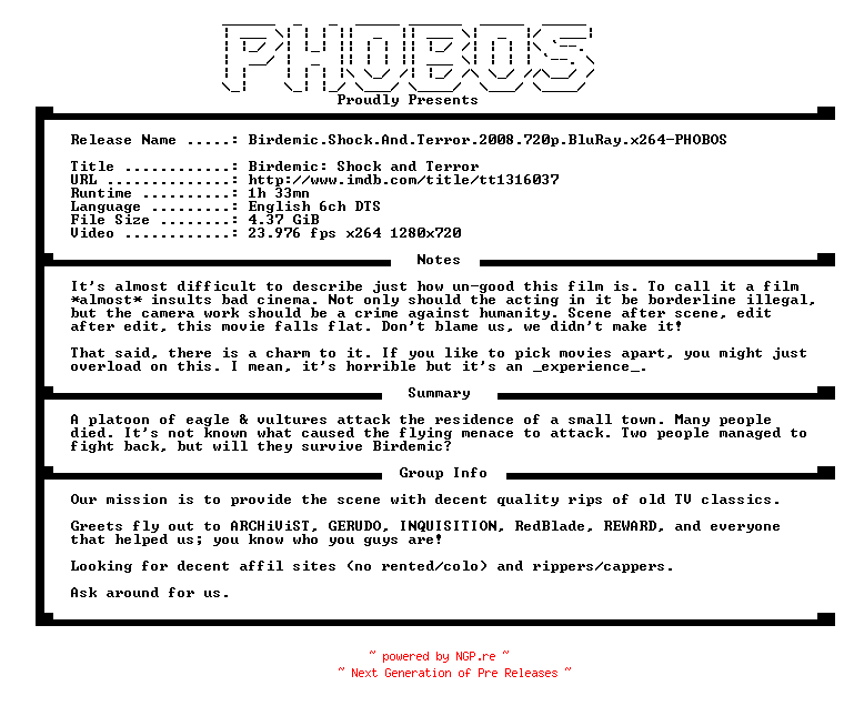 NFO for the release Birdemic.Shock.And.Terror.2008.720p.BluRay.x264-PHOBOS by PHOBOS