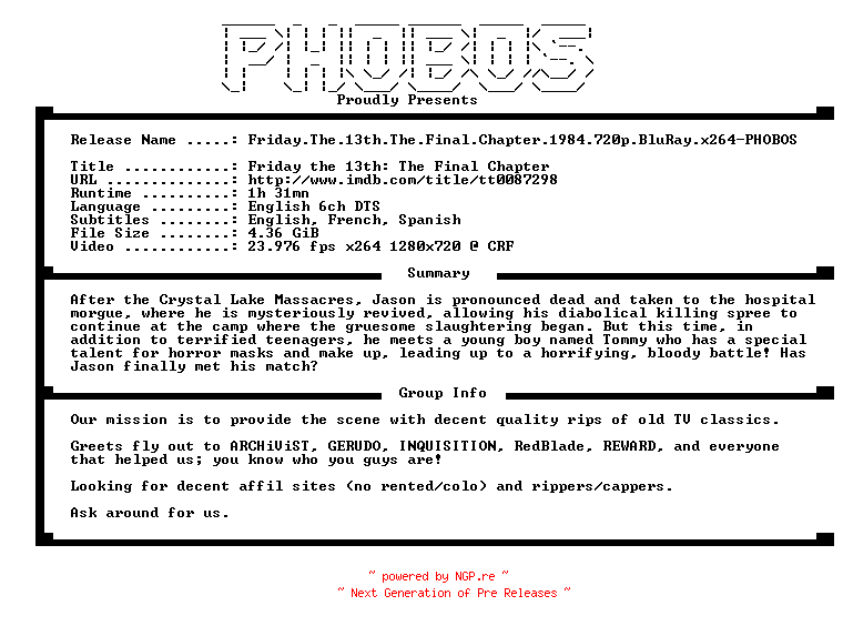 NFO for the release Friday.The.13th.The.Final.Chapter.1984.720p.BluRay.x264-PHOBOS by PHOBOS