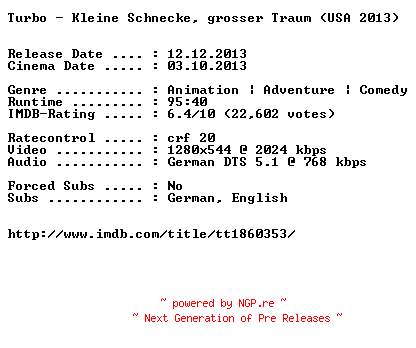 NFO for the release Turbo.Kleine.Schnecke.grosser.Traum.German.720p.BluRay.x264-EXQUiSiTE by EXQUiSiTE