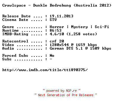 NFO for the release Crawlspace.Dunkle.Bedrohung.2012.German.720p.BluRay.x264-EXQUiSiTE by EXQUiSiTE