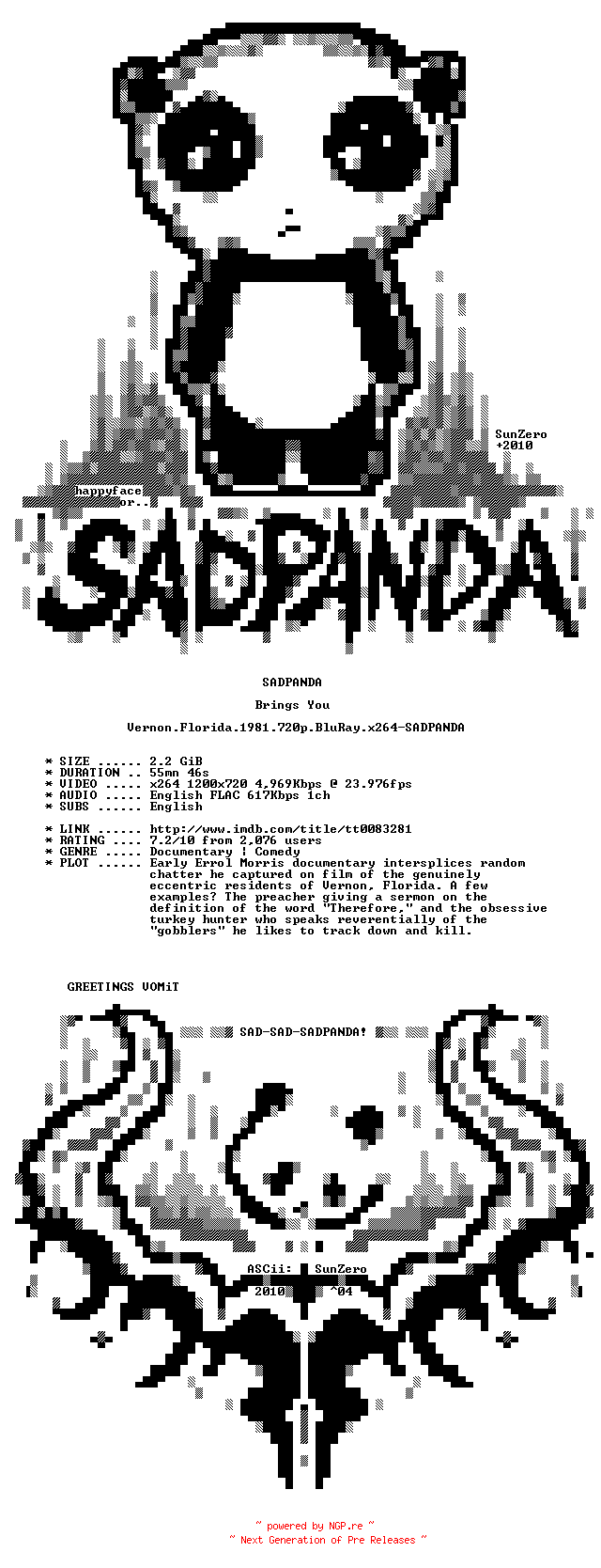 NFO for the release Vernon.Florida.1981.720p.BluRay.x264-SADPANDA by SADPANDA