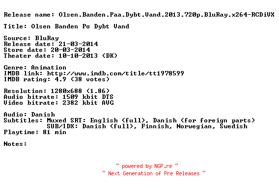 NFO for the release Olsen.Banden.Paa.Dybt.Vand.2013.720p.BluRay.x264-RCDiVX by RCDiVX