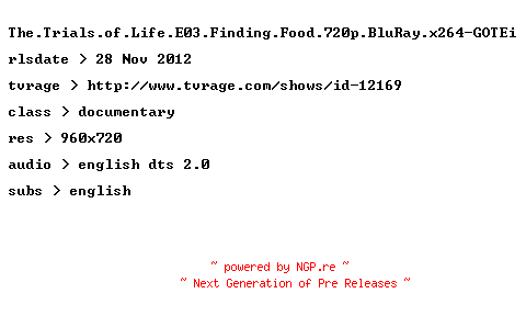 NFO for the release The.Trials.of.Life.E03.Finding.Food.720p.BluRay.x264-GOTEi by GOTEi