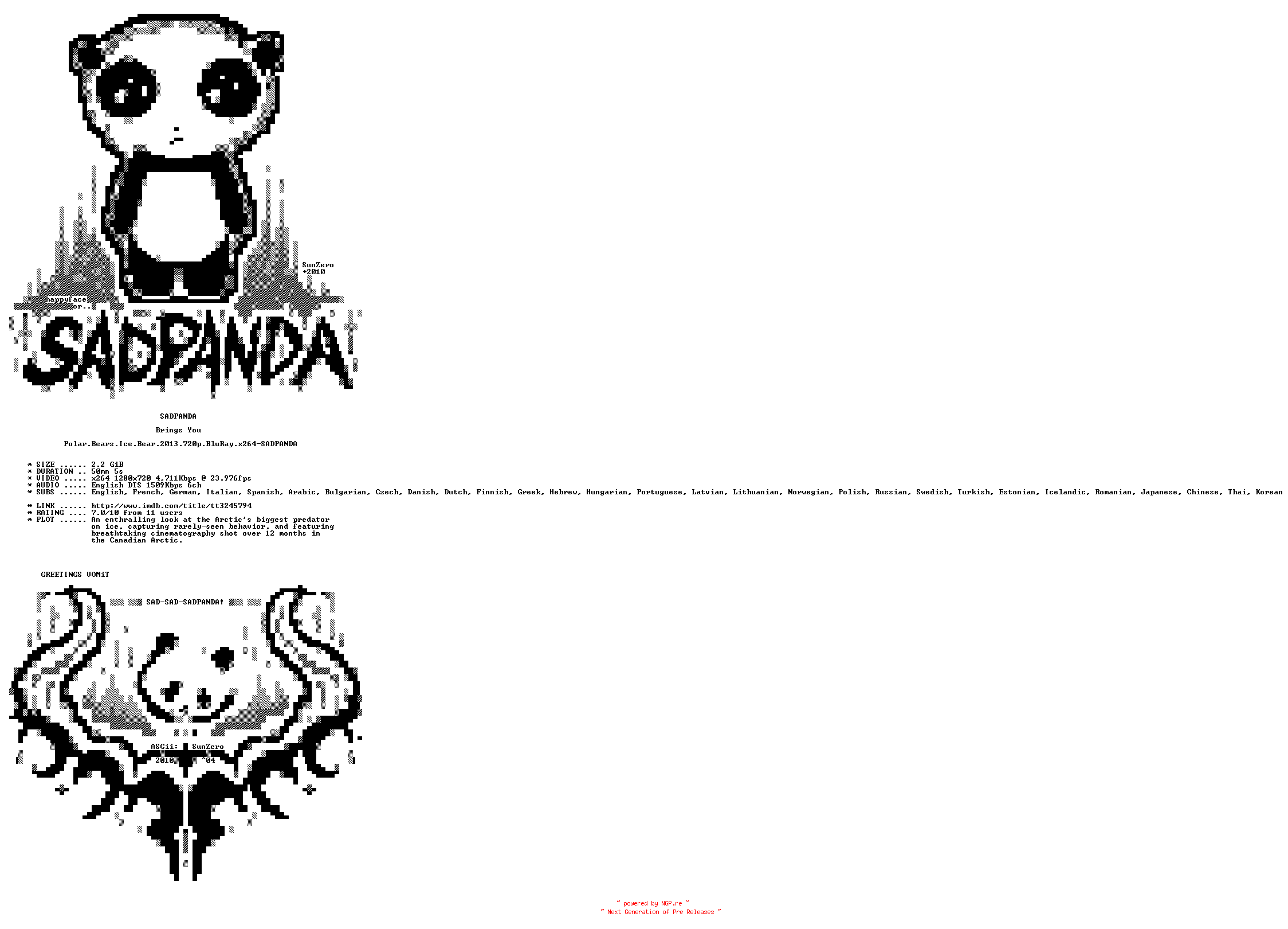 NFO for the release Polar.Bears.Ice.Bear.2013.720p.BluRay.x264-SADPANDA by SADPANDA