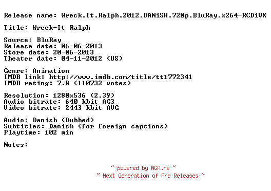 NFO for the release Wreck.It.Ralph.2012.DANiSH.720p.BluRay.x264-RCDiVX by RCDiVX