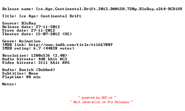 NFO for the release Ice.Age.Continental.Drift.2012.DANiSH.720p.BluRay.x264-RCDiVX by RCDiVX