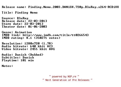 NFO for the release Finding.Nemo.2003.DANiSH.720p.BluRay.x264-RCDiVX by RCDiVX