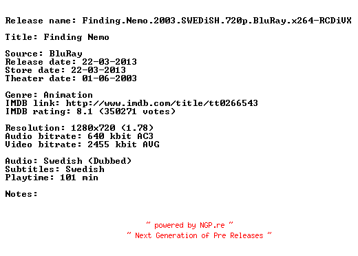 NFO for the release Finding.Nemo.2003.SWEDiSH.720p.BluRay.x264-RCDiVX by RCDiVX