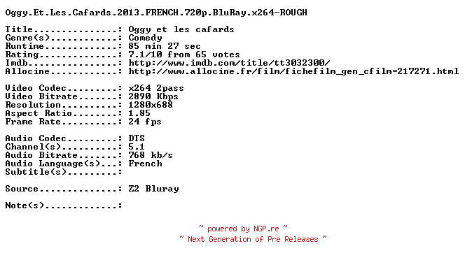 NFO for the release Oggy.Et.Les.Cafards.2013.FRENCH.720p.BluRay.x264-ROUGH by ROUGH