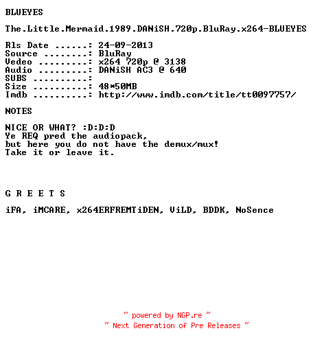 NFO for the release The.Little.Mermaid.1989.DANiSH.720p.BluRay.x264-BLUEYES by BLUEYES