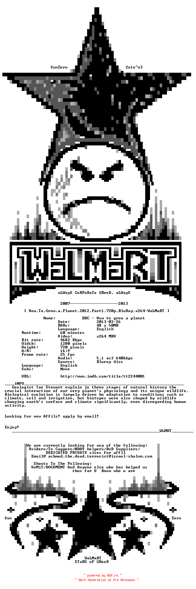 NFO for the release How.To.Grow.a.Planet.2012.Part1.720p.BluRay.x264-WaLMaRT by WaLMaRT