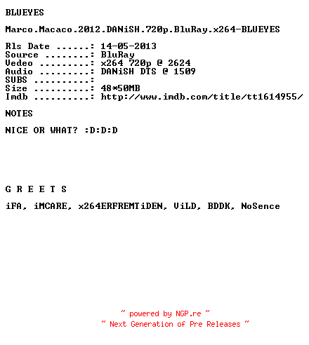 NFO for the release Marco.Macaco.2012.DANiSH.720p.BluRay.x264-BLUEYES by BLUEYES