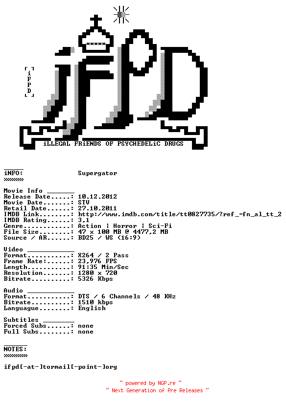 NFO for the release Supergator.2007.720p.BluRay.x264-iFPD by iFPD