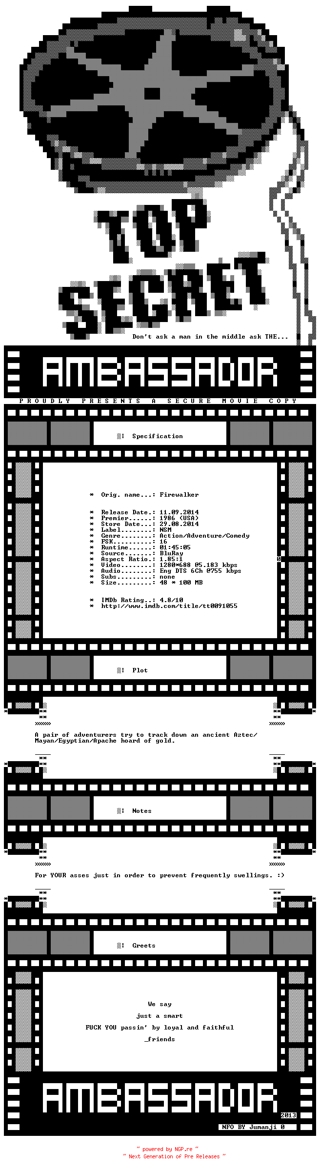 NFO for the release Firewalker.1986.720P.BLURAY.X264-AMBASSADOR by AMBASSADOR
