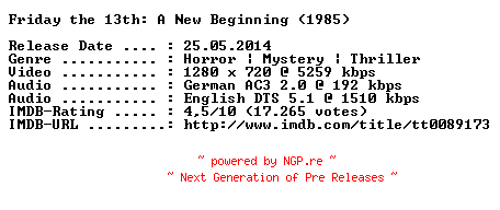 NFO for the release Freitag.der.13.Teil.5.Ein.neuer.Anfang.1985.GERMAN.AC3D.DL.720p.BluRay.x264-COOLHD by COOLHD