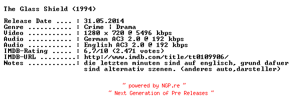NFO for the release The.Glass.Shield.Auf.Ehre.und.Gewissen.1994.GERMAN.AC3D.DL.720p.BluRay.x264-COOLHD by COOLHD