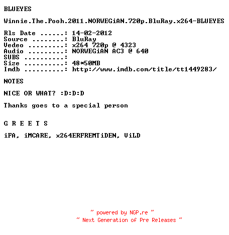 NFO for the release Winnie.The.Pooh.2011.NORWEGiAN.720p.BluRay.x264-BLUEYES by BLUEYES