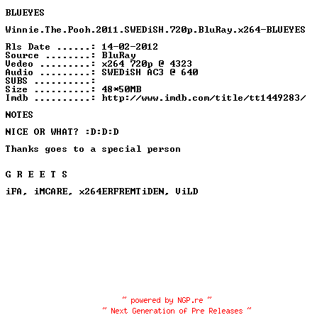 NFO for the release Winnie.The.Pooh.2011.SWEDiSH.720p.BluRay.x264-BLUEYES by BLUEYES