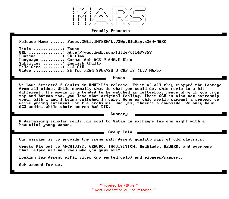 NFO for the release Faust.2011.iNTERNAL.720p.BluRay.x264-MARS by MARS