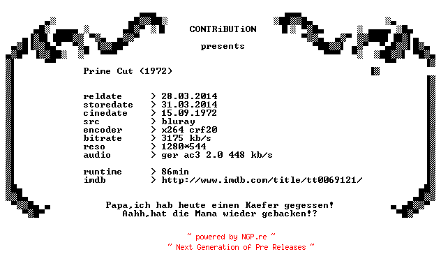 NFO for the release Prime.Cut.1972.German.720p.BluRay.x264-CONTRiBUTiON by CONTRiBUTiON