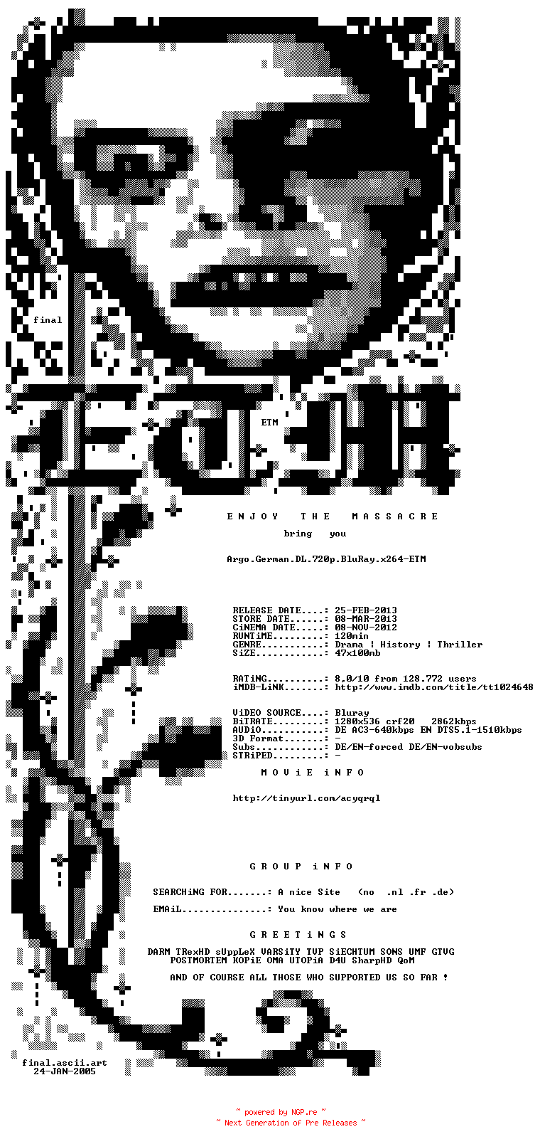 NFO for the release Argo.German.DL.720p.BluRay.x264-ETM by ETM